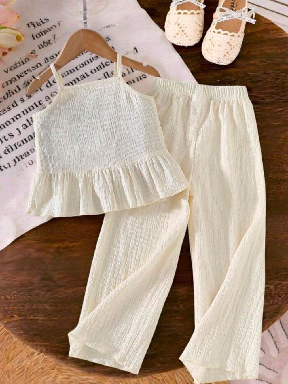 Shein ✦ Crochet Tank & Ruffle Pants Set ✦ Apricot Strawberry 2‑Piece 5Y NWT - Picture 2 of 9
